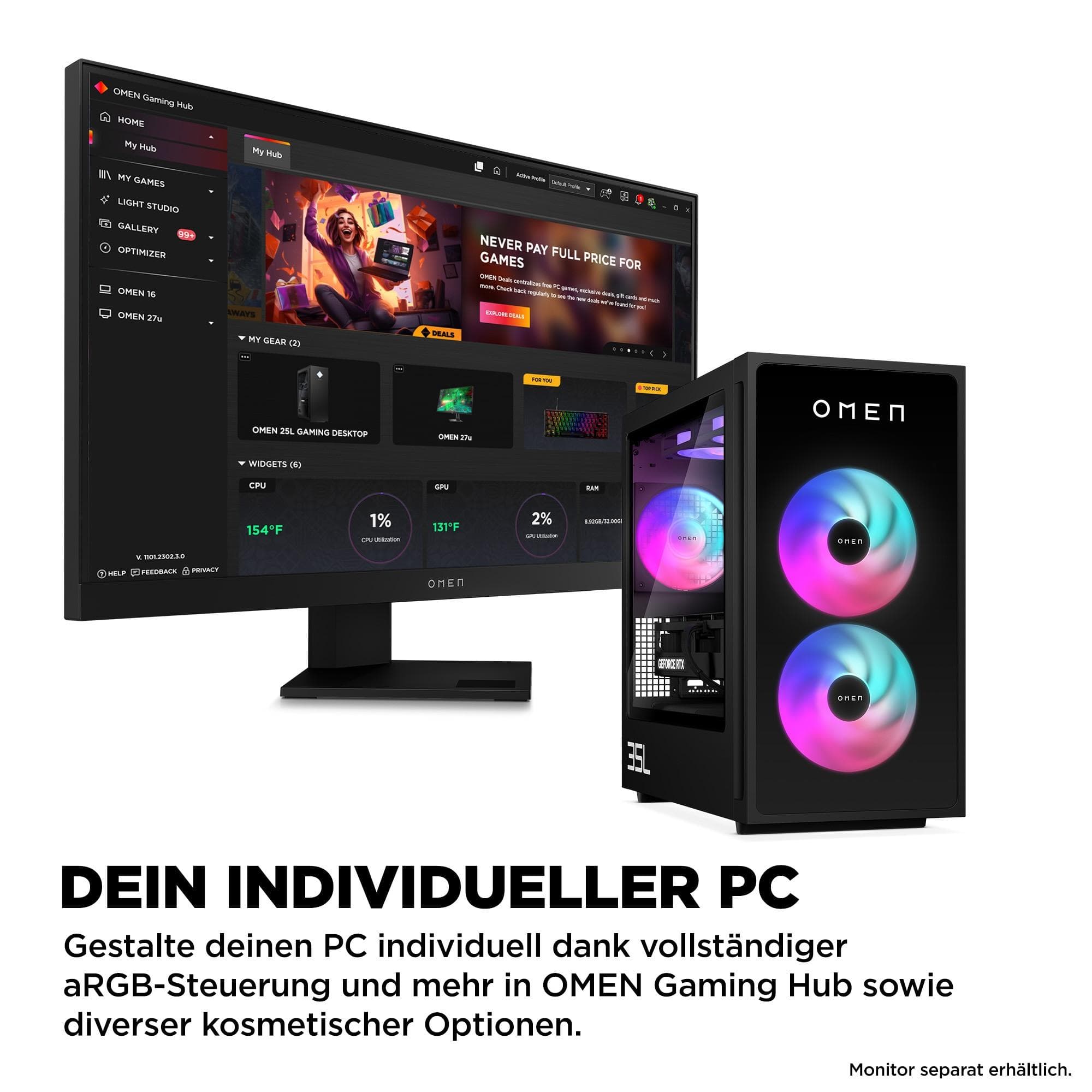 Gaming-PC OMEN GT16-0674ng, Schwarz, AMD Ryzen 7 8700F, 32 GB, 1 TB M.2 SSD, NVIDIA GeForce RTX 5070