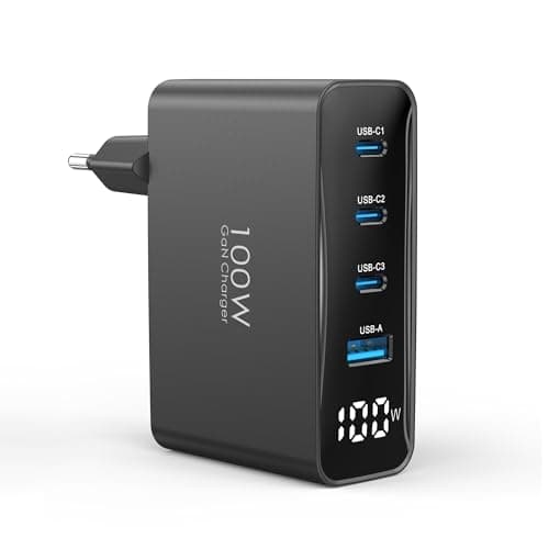 100W USB C Ladegerät, 4-Port Schnellladegerät mit LED Display, USB-C Netzteil GaN Charger PD/PPS für MacBook Pro/Air, für iPhone 17/16 Pro/iPad, Galaxy S25/S24, für HP/Lenovo/Acer/Lpatop, Schwarz EU-Stecker Schwarz Bild 2