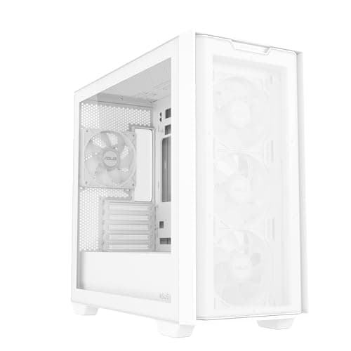 ASUS A21 Plus TG ARGB White microATX PC Gehäuse (vorinstallierte ARGB-Lüfter, Mesh Frontpanel, kompatibel mit Mainboards mit versteckten Anschlüssen, 360-mm-Radiatoren, 380-mm-Grafikkarten, weiß)