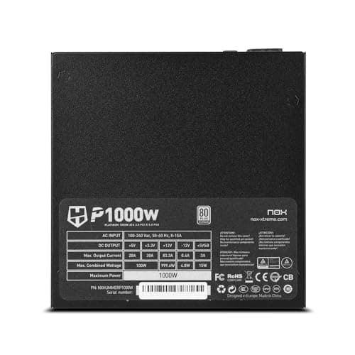 NOX Hummer P 1000W 80 Plus Platinum -NXHUMMERP1000W- 1000W Netzteil, ATX, EPS, S-ATA, 3.0 12V, Ultra-Quiet 140mm Lüfter, TEAPO Elektrolytkondensatoren, Schwarz Bild 6