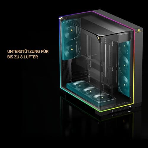 TR A70 ARGB Schwarzes ATX Gaming-Gehäuse, dreiseitiges säulenlosem Panoramaglas-Panel, 8 CPU-Lüfterplätze, 4-Wege-Luftzirkulation, werkzeuglose vertikale Fallschutz + panoramische Lichtleiste. Bild 6