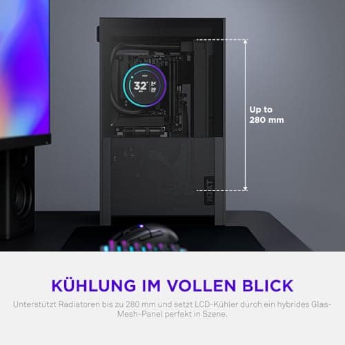 NZXT H2 Flow – Mini-ITX 20,7L High-Airflow PC-Gehäuse – Inkl. 2 x 120-mm-Lüfter Oben & PCIe 5.0-Riser Cable– 331-mm-Grafikkarte – 280-mm-Radiator – Schwarz Bild 8