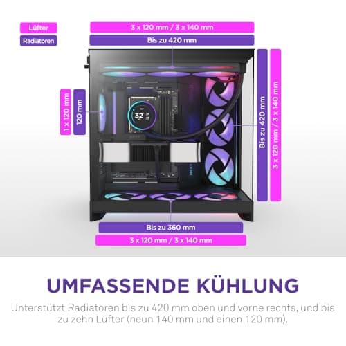 NZXT H9 Flow RGB (2025) – Großes Dual-Kammer ATX Mid-Tower Airflow PC-Gehäuse – Enthält 1 x 420mm RGB-Lüftereinheit & 1 x 120mm Lüfter – 420mm Radiatorunterstützung – Gehärtetes Glas – Schwarz Schwarz Flow RGB Bild 8