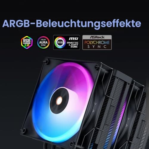 Delta A62 ARGB CPU Kühler, Zwei Leise 120mm PWM Lüfter mit Hydraulischem Lager, 6 Kupfer Heatpipes, CPU Luftkühler für AMD AM4/AM5, Intel LGA 115X/1200/1700/1851, BK Delta A62 BK ARGB EU Bild 6