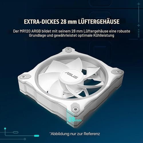 ASUS Prime MR120 White ARGB-Gehäuselüfter Single Pack (beidseitige Beleuchtung, 20 adressierbare RGB-LEDs, 28 mm Rahmen, PWM-Steuerung, Lüfterdrehzahl 1600 U/min, 21dB(A) Lärmpegel, 58 CFM, Weiß) Bild 4
