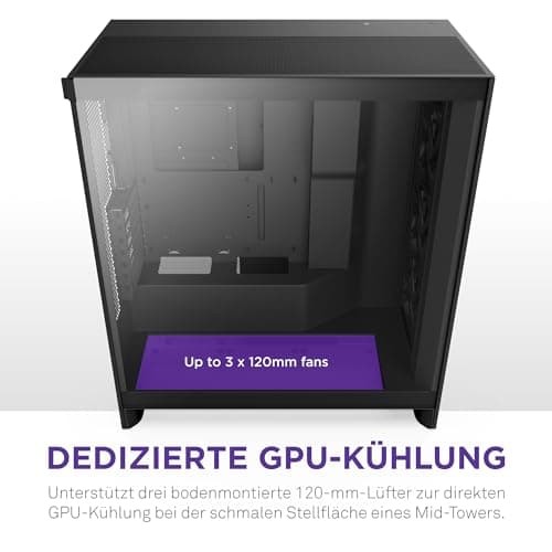 NZXT H7 Flow | Mid-Tower-ATX-Airflow-Gehäuse | Bis zu 3 x 120-mm-Lüfter im Boden zur direkten GPU-Kühlung | 3 x 120-mm-Frontlüfter | 420-mm-Kühler-Trägerplatte vorn | Schwarz Bild 4