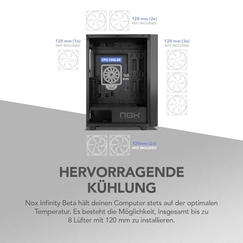 NOX Xtreme Products Infinity BETA – Micro-ATX/ITX Midi-Tower mit Seitenfenster aus gehärtetem Glas, Mesh-Front, Platz für 8 Lüfter, kompatibel mit Grafikkarten bis 300 mm, USB 3.0, Schwarz Bild 5