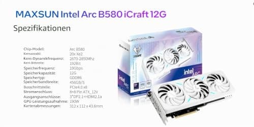 WEELIAO MAXSUN Intel Arc B580 12G iCraft White Grafikkarte, 2670 ~ 2850 MHz Grafikkarte, 12 GB 192-Bit GDDR6, PCIE4.0, 1 HDMI2.1a, 3 DP2.1, 3 Lüfter Bild 5