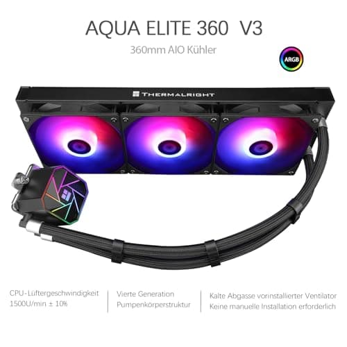 TR-Thermalright Aqua Elite 360 V3 CPU Wasserkühlung Komplett-360 Spezifikation AIO PC Kühler,3x120mm ARGB Kühlventilator,Einfache Installation,Kompatibel mit AM5/AM4, LGA1851/1700/115X/1200 360mm Schwarz Bild 4