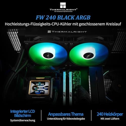 Thermalright FW 240 Schwarz ARGB CPU-Wasserkühlung mit 2 PWM-Lüftern, IPS 320 * 240 Auflösung LCD-Bildschirm, flüssiger CPU-Kühler für Intel PC Aio-Kühler: AM4/AM5/LGA1700/1851 FW 240 BLACK ARGB Bild 4
