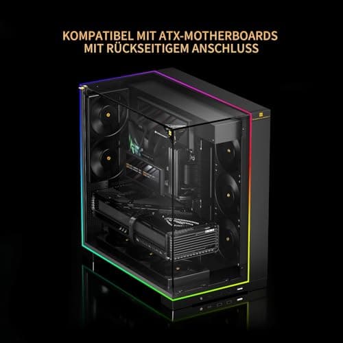 TR A70 ARGB Schwarzes ATX Gaming-Gehäuse, dreiseitiges säulenlosem Panoramaglas-Panel, 8 CPU-Lüfterplätze, 4-Wege-Luftzirkulation, werkzeuglose vertikale Fallschutz + panoramische Lichtleiste. Bild 8