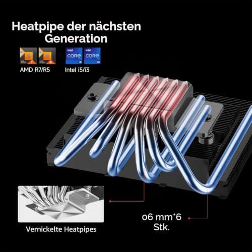 CPS RC600-67 BK 67 mm Höhe Low-Profile-CPU-Kühler, 6 Heatpipes CPU-Luftkühler mit 120 * 15 mm Slim-Lüfter für ITX, Small-Form-Factor-Builds, unterstützt Intel LGA 115X/1200/1700/1851, AMD AM4/AM5 Bild 6