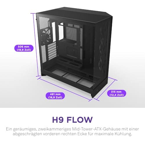 NZXT H9 Flow (2025) – Großes Dual-Kammer ATX Mid-Tower Airflow PC-Gehäuse – Enthält 3 x 140mm & 1 x 120mm Lüfter – 420mm Radiatorunterstützung – Gehärtetes Glas – Back-Connect bereit – Schwarz Schwarz Flow Bild 4