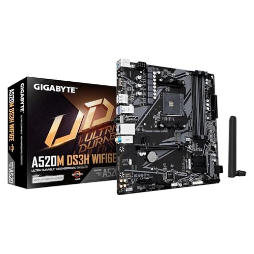GIGABYTE A520M DS3H WIFI6E Mainboard – Unterstützt AMD Ryzen 5000 Series AM4 CPUs, bis zu 4733 MHz DDR4 (OC), 1× PCIe 3.0 M.2, Wi-Fi 6E, GbE-LAN, USB 3.2 Gen 1