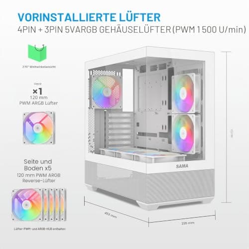 SAMA V40 Mid-Tower-ATX-Gehäuse – 6 × 120 mm ARGB-PWM-Lüfter vorinstalliert, doppelte Paneele aus gehärtetem Glas,Dual-Chamber-Design, USB 3.1 Type-C, 7 Slots, unterstützt ATX/mATX/ITX-GPUs, Weiß Bild 4
