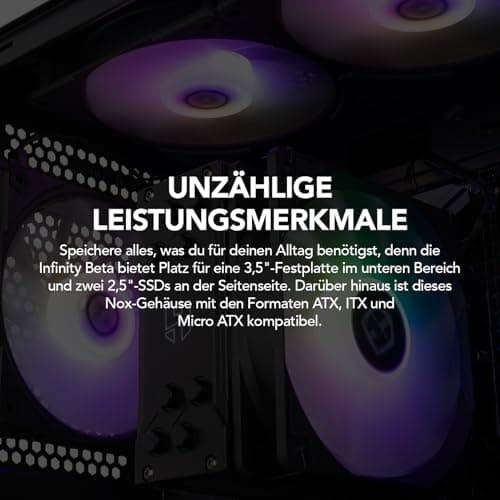 NOX Xtreme Products Infinity BETA – Micro-ATX/ITX Midi-Tower mit Seitenfenster aus gehärtetem Glas, Mesh-Front, Platz für 8 Lüfter, kompatibel mit Grafikkarten bis 300 mm, USB 3.0, Schwarz Bild 7