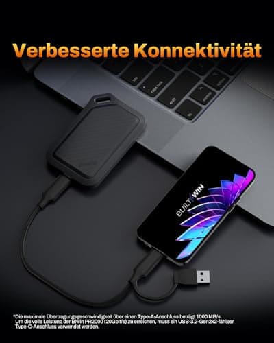BIWIN Amber PR2000 Externe SSD 1TB USB 3.2 Gen2x2 - Bis zu 2000 MB/s IP67 wasserdicht - Portable NVMe External Solid State Drives mit USB-C & USB-A Adapter, Schwarz 1TB Schwarz Bild 8