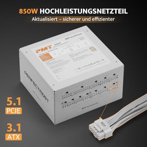 darkFlash PMT850 Vollmodulares ATX 3.1-Netzteil, 80 Plus Gold Effizienz, PCIe 5.1 & 12VHPWR-Unterstützung, 100% Japanische 105°C-Kondensatoren, Kompakte 150-mm-Bauweise (Weiß) 850 Watts Weiß Bild 4