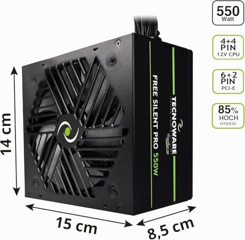 Tecnoware Netzteil Free Silent PRO 550 für erweiterte PCs mit NVIDIA GeForce GTX - RTX Grafikkarte, leiser Lüfter, PCI-E Anschlüsse, CPU 4+4, SATA, Molex 550W ATX PCI-E Bild 4