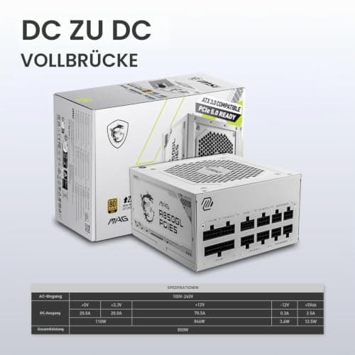 MSI MAG 850GL PCIE 5 White Gaming Netzteil – voll modular – 80 Plus Gold Zertifiziert 850 W – kompakte Größe – ATX-Netzteil MAG A850GL PCIE5 WEISS Bild 6