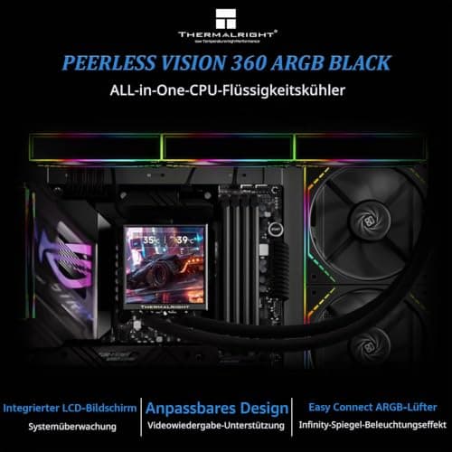 TR Peerless Vision 360 ARGB Black CPU-Wasserkühler,3 PWM-Lüfter-Wireless-Spleißen, IPS-LCD-Bildschirm mit 480x480 Auflösung-3,95-Zoll, für Intel LGA1851/1700,AM4/AM5, CPU-Flüssigkeitskühler Bild 4