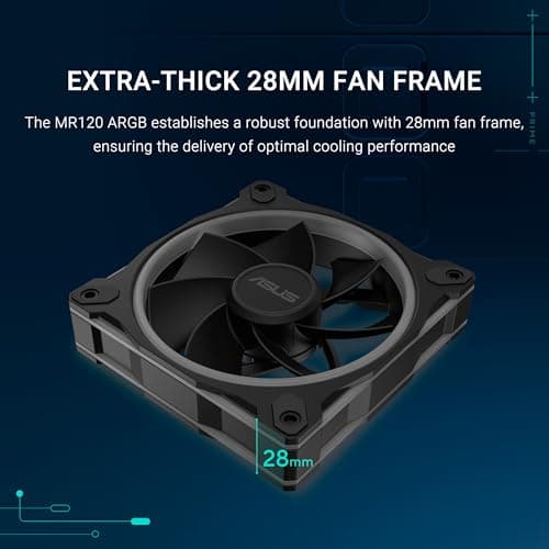 ASUS Prime MR120 Black 3in1 ARGB Reverse-Gehäuselüfter 3er-Set (beidseitige Beleuchtung, 20 adressierbare RGB-LED, 28 mm, PWM-Steuerung, Lüfterdrehzahl 1600 U/min, 23dB(A) Lärmpegel, 58 CFM, Schwarz) Bild 4