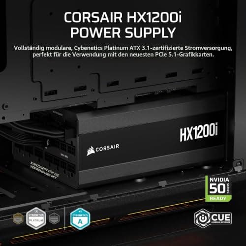 CORSAIR HX1200i (2025) Vollständig Modulares, Ultra-Rauscharmes ATX-Netzteil mit 12V-2x6-Kabel – ATX 3.1 & PCIe 5.1 konform, Cybenetics Platinum Wirkungsgrad – Schwarz Bild 4