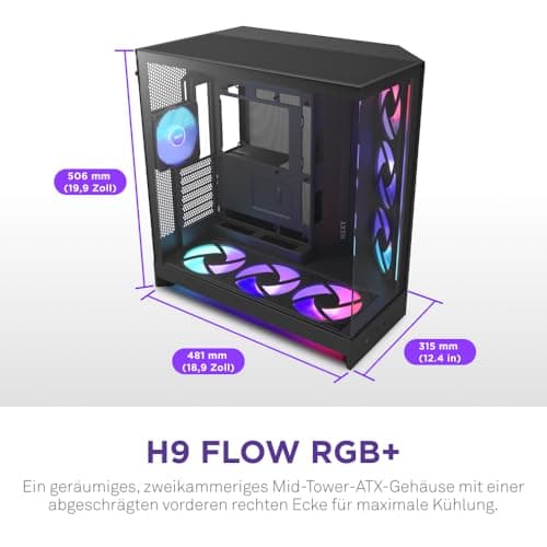 NZXT H9 Flow RGB+ (2025) – Großes Dual-Kammer ATX Mid-Tower Airflow PC-Gehäuse – Enthält 7 RGB-Lüfter (6 x 140mm, 1 x 120mm) und Steuerungshub – 420mm Radiatorunterstützung – Schwarz Schwarz Flow RGB Plus Bild 4