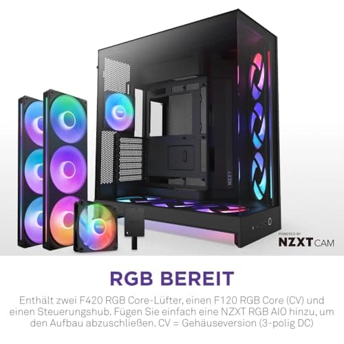 NZXT H9 Flow RGB+ (2025) – Großes Dual-Kammer ATX Mid-Tower Airflow PC-Gehäuse – Enthält 7 RGB-Lüfter (6 x 140mm, 1 x 120mm) und Steuerungshub – 420mm Radiatorunterstützung – Schwarz Schwarz Flow RGB Plus Bild 6