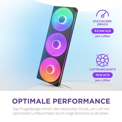 NZXT F360 RGB Core - 360 mm Einzelrahmen-Lüftereinheit mit 3 x 120 mm RGB-Lüftern - Drehzahl- und Beleuchtungssteuerung - Hoher statischer Druck und Luftstrom - 8 aRGB-LEDs pro Lüfter - Schwarz Schwarz 360mm Bild 7