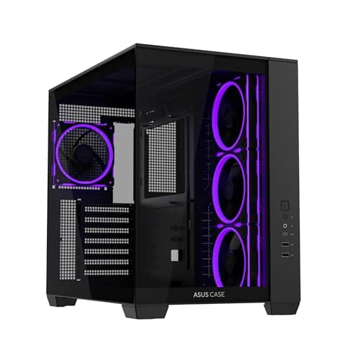 ASUS A32 Plus Black ATX-PC Gehäuse (vorinstallierte ARGB-Lüfter, Panorama-Design, Frontpanel aus Glas, kompatibel mit 360-mm-Radiatoren und 420-mm-Grafikkarten, Frontpanel USB Typ-C, Schwarz)