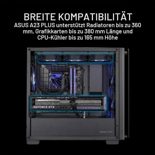 ASUS A23 Plus TG ARGB Black microATX PC Gehäuse (vorinstallierte ARGB-Lüfter, Mesh Frontpanel, kompatibel mit Mainboards mit versteckten Anschlüssen, 360-mm-Radiatoren, 380-mm-Grafikkarten, schwarz) Bild 8