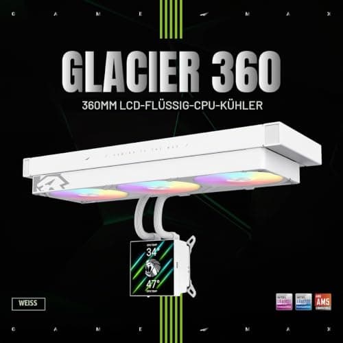 GAMEMAX GLACIER 360 WH AIO Flüssigkeits CPU Kühler, 360mm Radiator, 3,95" 720×720 LCD-Display, seitliche Schlauchführung, magnetisches Display, Intel & AMD kompatibel (Weiß) Bild 4
