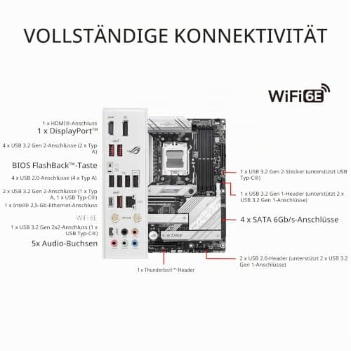 ASUS ROG Strix B650E-A Gaming WiFi Mainboard Sockel AMD AM5 (12+2 Power Stages, USB 3.2 Gen 2x2 Typ-C, PCIe 5.0, Q-Release, WiFi 6E, Aura Sync) + 7 7600X Processor 4.7 GHz 32 MB L3 Box ROG STRIX B650E + 7 7600X Processor Bild 8