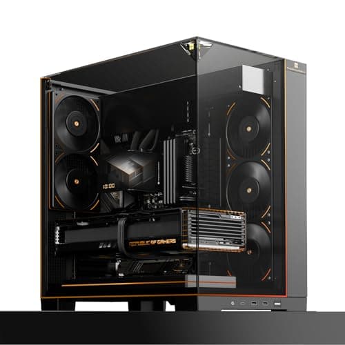 TR A70 ARGB Schwarzes ATX Gaming-Gehäuse, dreiseitiges säulenlosem Panoramaglas-Panel, 8 CPU-Lüfterplätze, 4-Wege-Luftzirkulation, werkzeuglose vertikale Fallschutz + panoramische Lichtleiste. Bild 2