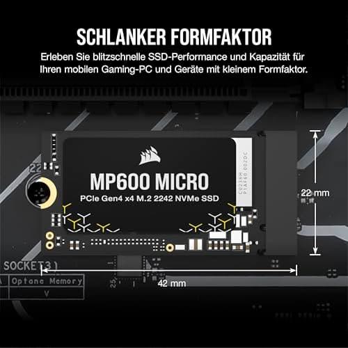 Corsair MP600 Micro 2TB M.2 NVMe PCIe x4 Gen4 SSD – M.2 2242 – Bis zu 7.000MB/Sek. Sequentielles Lesen – Hohe Dichte 3D TLC NAND – Kompatibel mit Lenovo Legion Go und Dünne Notebooks – Schwarz Bild 3