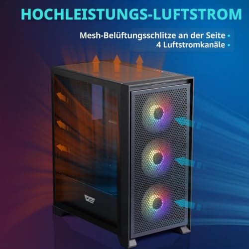 darkFlash ATX Mid-Tower Gaming-PC-Gehäuse, vorinstallierte 3x120mm RGB-Lüfter, abnehmbare große Mesh-Frontblende, USB 3.0-fähig, Seitenwand aus gehärtetem Glas für optimale Belüftung, Schwarz (DRX70) Bild 7