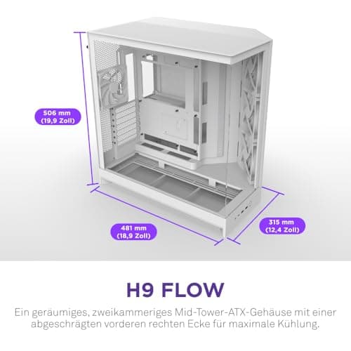 NZXT H9 Flow (2025) – Großes Dual-Kammer ATX Mid-Tower Airflow PC-Gehäuse – Enthält 3 x 140mm & 1 x 120mm Lüfter – 420mm Radiatorunterstützung – Gehärtetes Glas – Back-Connect bereit – Weiß Weiß Flow Bild 4