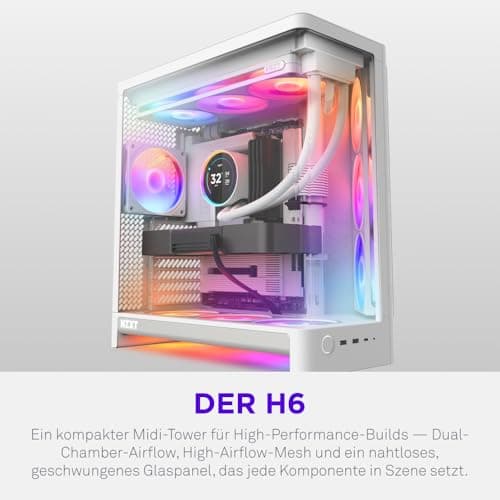 NZXT H6 Kompaktes Dual-Chamber-ATX-PC-Gehäuse - Unterstützung für 10x 120-mm-Lüfter - 360-mm-Radiator - Back-Connect-Motherboard-Ready - Nahtloses geschwungenes gehärtetes Glas - Weiß Bild 4