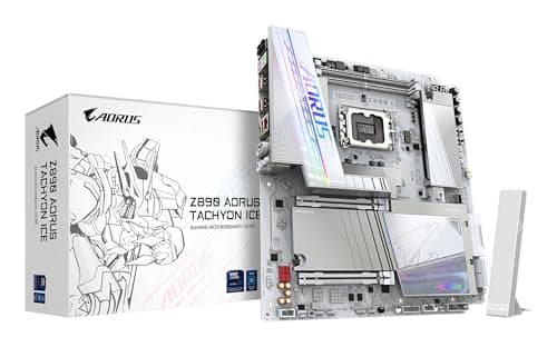 GIGABYTE Z890 AORUS Tachyon Ice Mainboard – Intel Core Ultra (Serie 2) Prozessoren, 18+1+2 Phasen VRM, bis zu 9500 MHz DDR5 (O.C), 1 x PCIe 5.0 + 3 x PCIe 4.0, Wi-Fi 7, 5 GbE LAN, USB 3.2 Gen 2x2