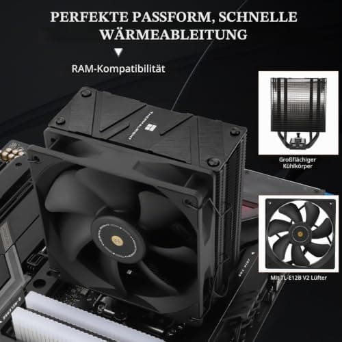 Thermalright Assassin Spirit 120 EVO DARK CPU-Kühler, 4 Heatpipes, 12cm PWM Quiet Fan CPU Luftkühler,1850 U/min Geschwindigkeit,Schwarzer Spitzenkühler,Unterstützung AMD AM4 AM5 & Intel 1700/1150/1200 AS120 EVO DARK Bild 6