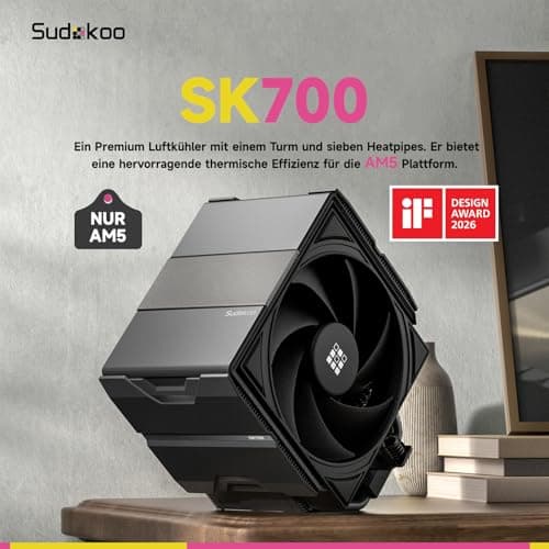Sudokoo SK700 CPU Kühler AM5: PC Lüfter 120mm &7 Heatpipes für AM5 Exklusiv - CPU Cooler mit 120mm Lüfter & Single Tower - CPU Luftkühler van Volle RAM-Freiheit, 5 Jahre Garantie SK700 Schwarz Bild 4