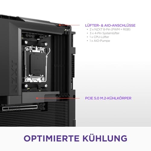 NZXT N7 B850 - AMD B850 AM5 ATX Gaming-Mainboard für Ryzen 9000/8000/7000 – 16+2+1, DDR5, 3X M.2, PCIe 5.0, Wi-Fi 6E, 2.5GbE LAN, USB 4 – M.2 NVME mit Schnellverschluss – Vollabdeckung – Schwarz Bild 6