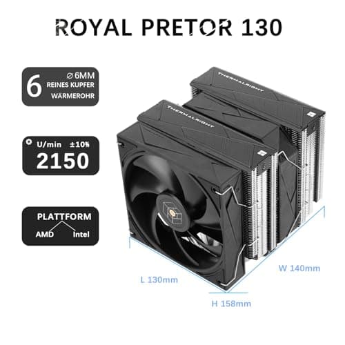 TR-Thermalright Royal Pretor 130 CPU-Kühler, Double Tower mit 7 Heatpipes, Dual CPU Lüfter, matt gezogene Kappe, für AM5/AM4, Intel LGA1851/1700/1150/1151/1200 Bild 4