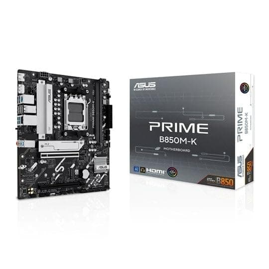 ASUS Prime B850M-K, AMD Micro-ATX Motherboard, 8+2+1 Stromphasen, DDR5 Slot, PCIe 5.0, 2 M.2 Slot, Realtek Ethernet 2.5 GB, DisplayPort, HDMI, USB-A 10 Gbit/s und USB-C 5 Gbps, Aura Sync