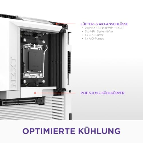 NZXT N7 B850 - AMD B850 AM5 ATX Gaming-Mainboard für Ryzen 9000/8000/7000 – 16+2+1, DDR5, 3X M.2, PCIe 5.0, Wi-Fi 6E, 2.5GbE, USB 4 – M.2 NVME mit Schnellverschluss – Vollabdeckung – Weiß Bild 6