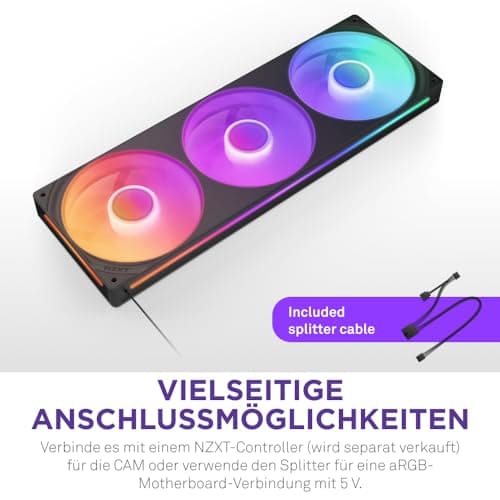NZXT F360 RGB Core - 360 mm Einzelrahmen-Lüftereinheit mit 3 x 120 mm RGB-Lüftern - Drehzahl- und Beleuchtungssteuerung - Hoher statischer Druck und Luftstrom - 8 aRGB-LEDs pro Lüfter - Schwarz Schwarz 360mm Bild 5
