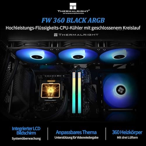 Thermalright FW 360 Schwarz ARGB CPU-Wasserkühlung mit 3 PWM-Lüftern, IPS 320 * 240 Auflösung LCD-Bildschirm, flüssiger CPU-Kühler für AMD/Intel PC Aio-Kühler: AM4/AM5/LGA1700/1851 FW 360 BLACK ARGB Bild 4