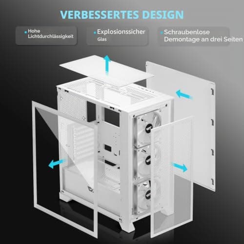 darkFlash ATX Mid-Tower Gaming-PC-Gehäuse, vorinstallierte 3x120mm RGB-Lüfter, abnehmbare große Mesh-Frontblende, USB 3.0-fähig, Seitenwand aus gehärtetem Glas für optimale Belüftung, Weiß (DRX70) Bild 4