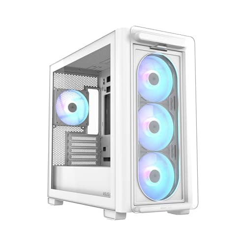 ASUS A21 Plus TG ARGB White Micro ATX-Gehäuse, unterstützt Motherboards mit versteckten Anschlüssen, 360-mm-Radiatoren und 380-mm-Grafikkarten, 4 vorinstallierte ARGB-Lüfter, Weiß